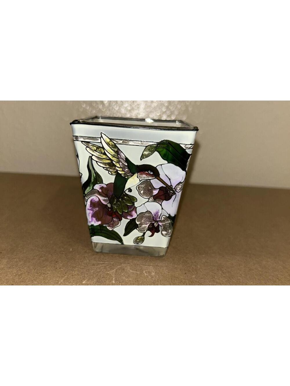 Handpainted AMIA Stained Glass Styled Hummingbird Floral Candle Votive Holder 3"